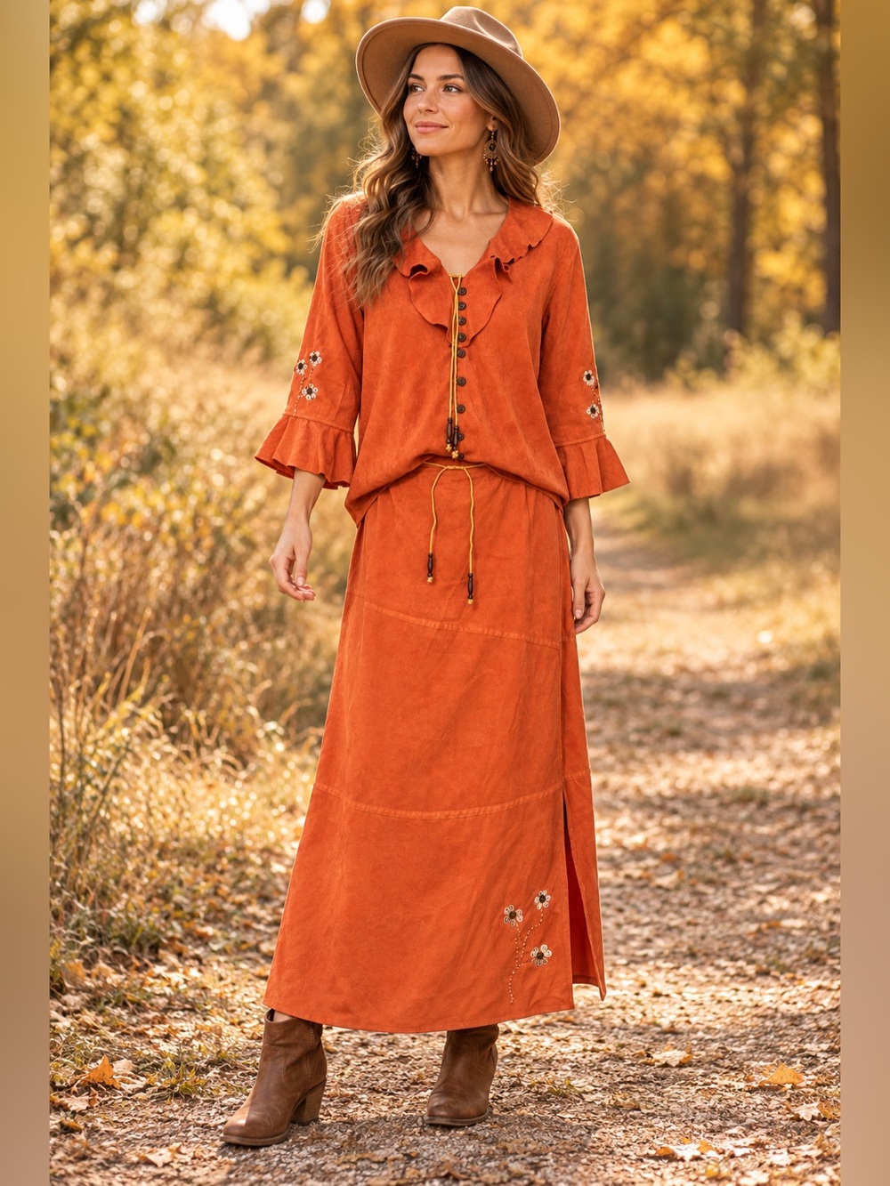 RTG Collections Rust Orange Faux Suede Skirt Set Boho Western Embroidered 13/11